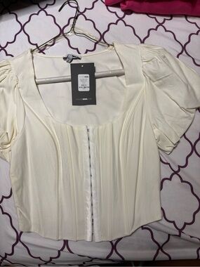 Fashion Nova Cream Pleated Scoop Neck Cropped Blouse